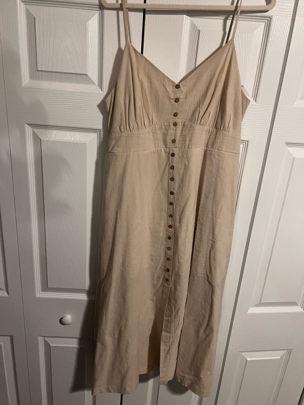 Versona Beige Linen Midi Button-Front Spaghetti Strap Dress